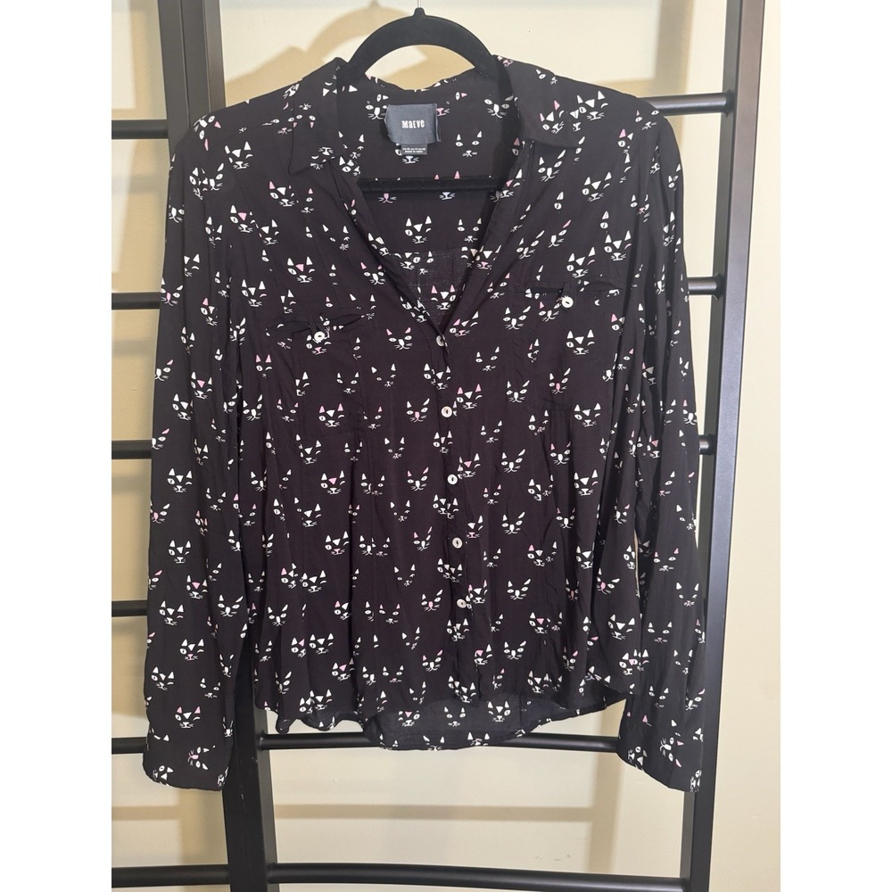 Anthropologie Maeve Womens Size 10 Black Cat Top Button Up Long Sleeve Blouse